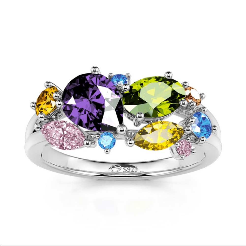 NWOT SIZE 8 "Gorgeous Soul" Multi-colored Stones Sterling Silver Ring Jeulia